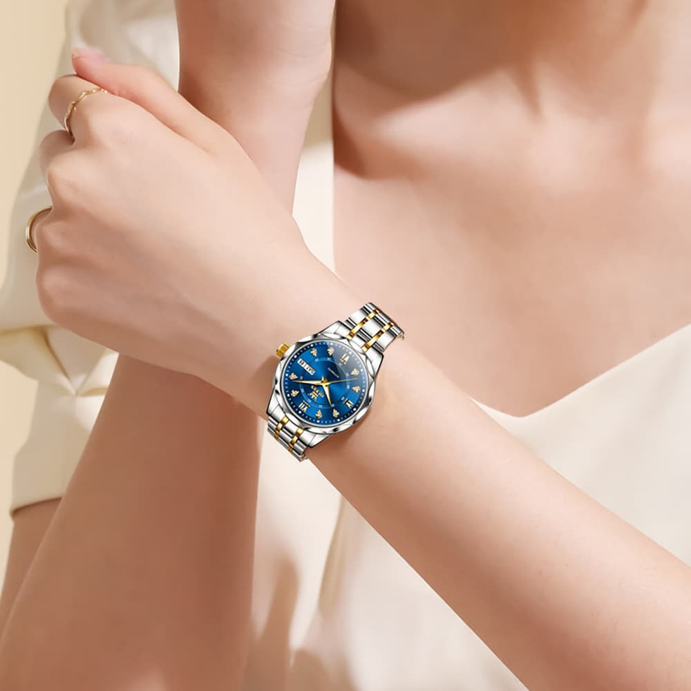 OLEVS 6727 Automatic Diamond Mechanical Watch For Women - Silver Black Watch | Olevs Watch Store