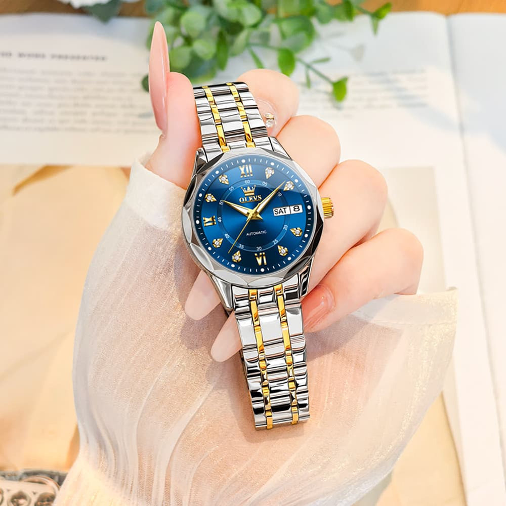 OLEVS 6727 Automatic Diamond Mechanical Watch For Women - Silver Black Watch | Olevs Watch Store