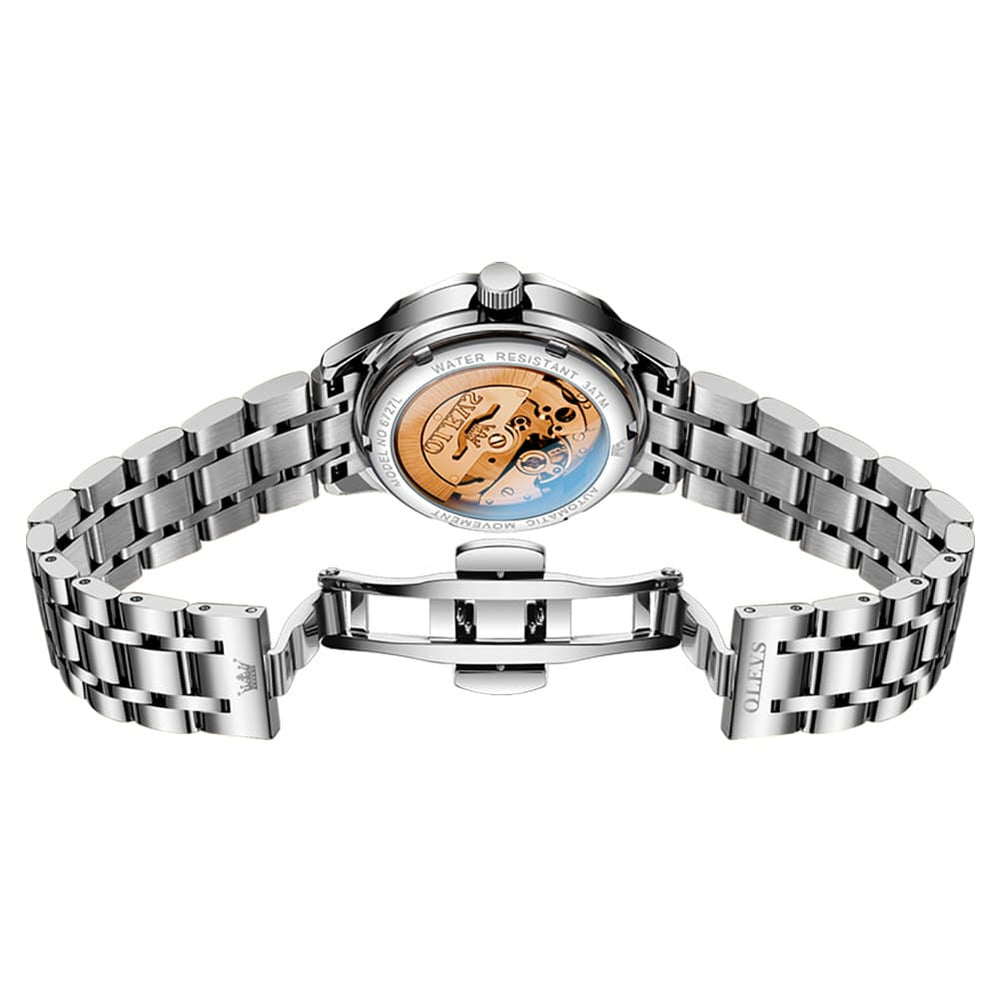 OLEVS 6727 Automatic Diamond Mechanical Watch For Women - Silver Black Watch | Olevs Watch Store