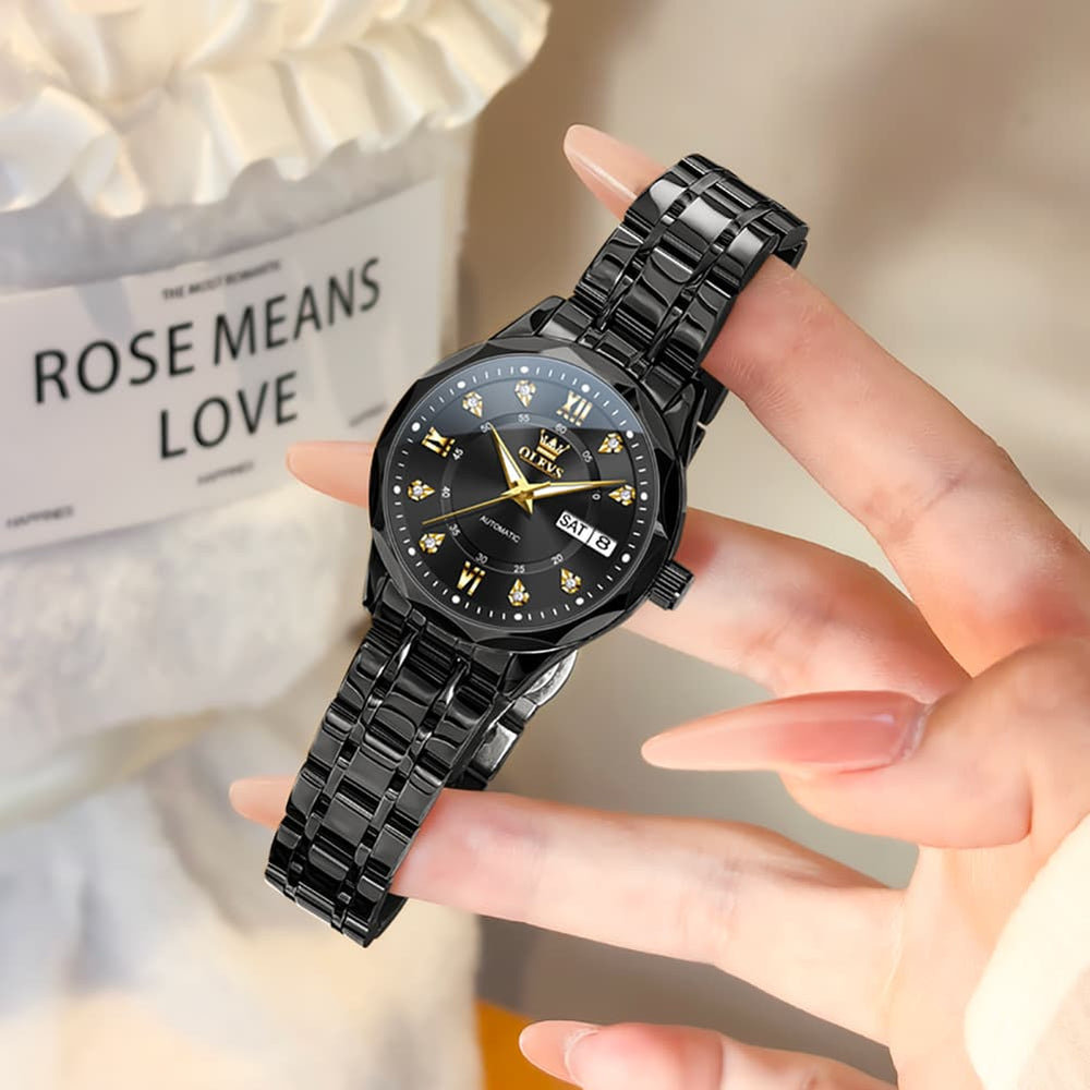 OLEVS 6727 Automatic Diamond Mechanical Watch For Women - Silver Black Watch | Olevs Watch Store