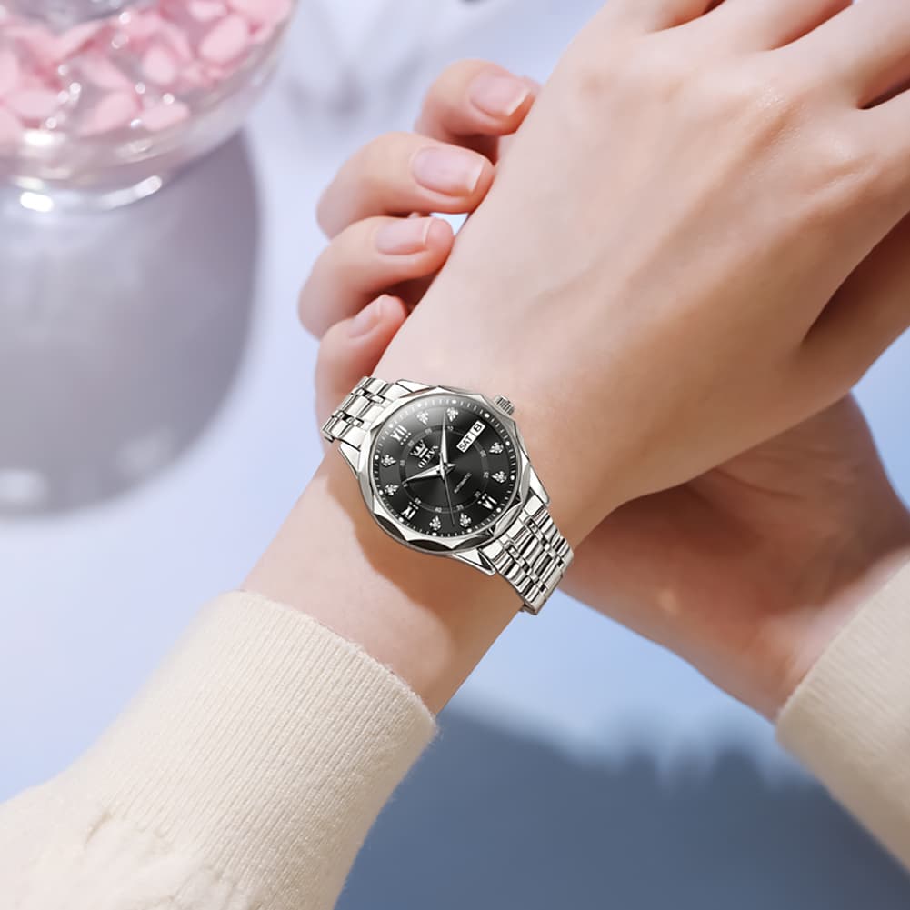 OLEVS 6727 Automatic Diamond Mechanical Watch For Women - Silver Black Watch | Olevs Watch Store