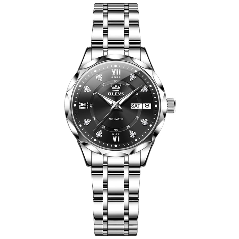 OLEVS 6727 Automatic Diamond Mechanical Watch For Women - Silver Black Watch | Olevs Watch Store
