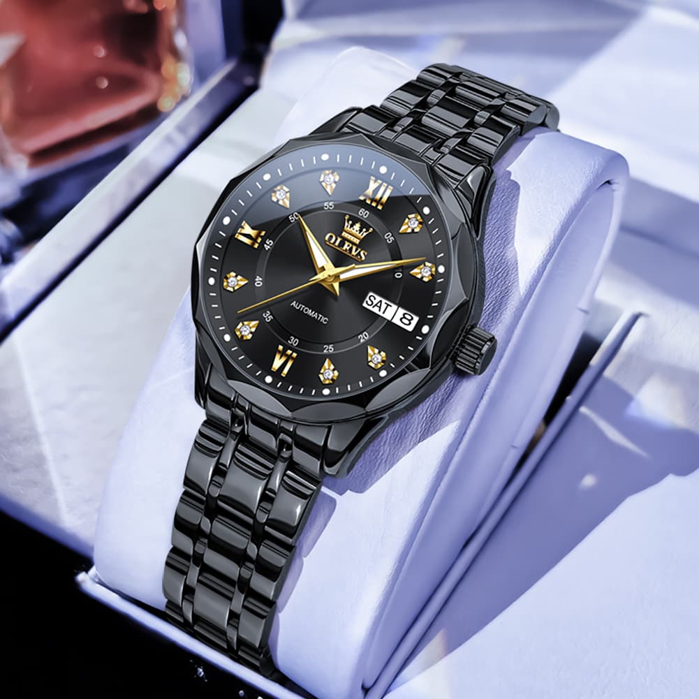 OLEVS 6727 Automatic Diamond Mechanical Watch For Women - Silver Black Watch | Olevs Watch Store