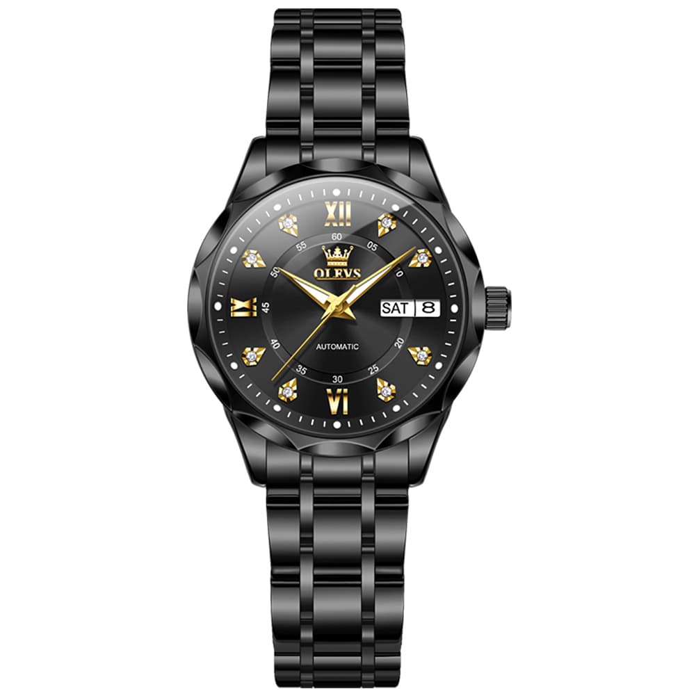 OLEVS 6727 Automatic Diamond Mechanical Watch For Women - Silver Black Watch | Olevs Watch Store