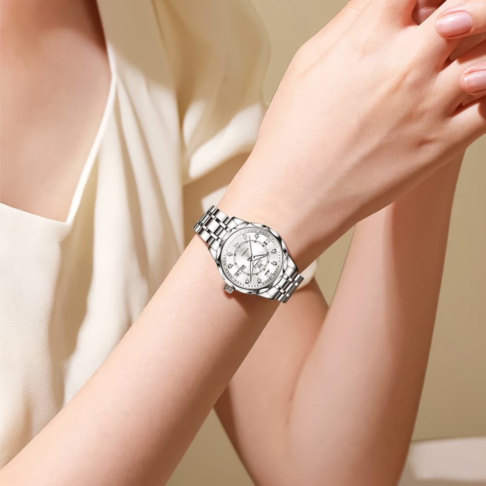 OLEVS 6727 Automatic Diamond Mechanical Watch For Women - Silver Black Watch | Olevs Watch Store