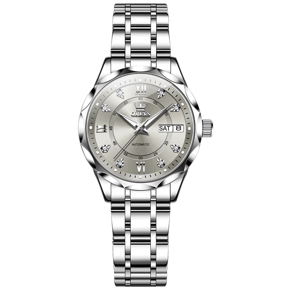 OLEVS 6727 Automatic Diamond Mechanical Watch For Women - Silver Black Watch | Olevs Watch Store