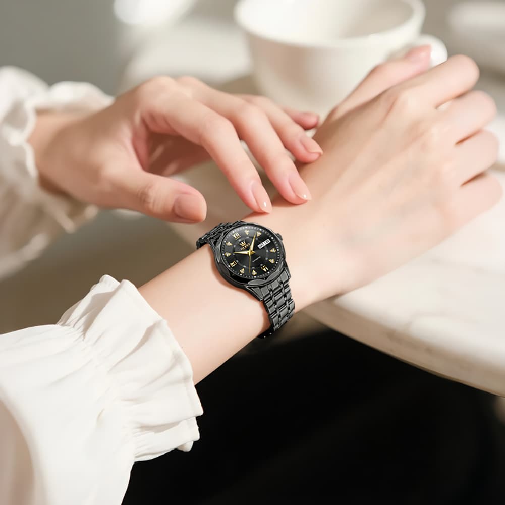 OLEVS 6727 Automatic Diamond Mechanical Watch For Women - Silver Black Watch | Olevs Watch Store