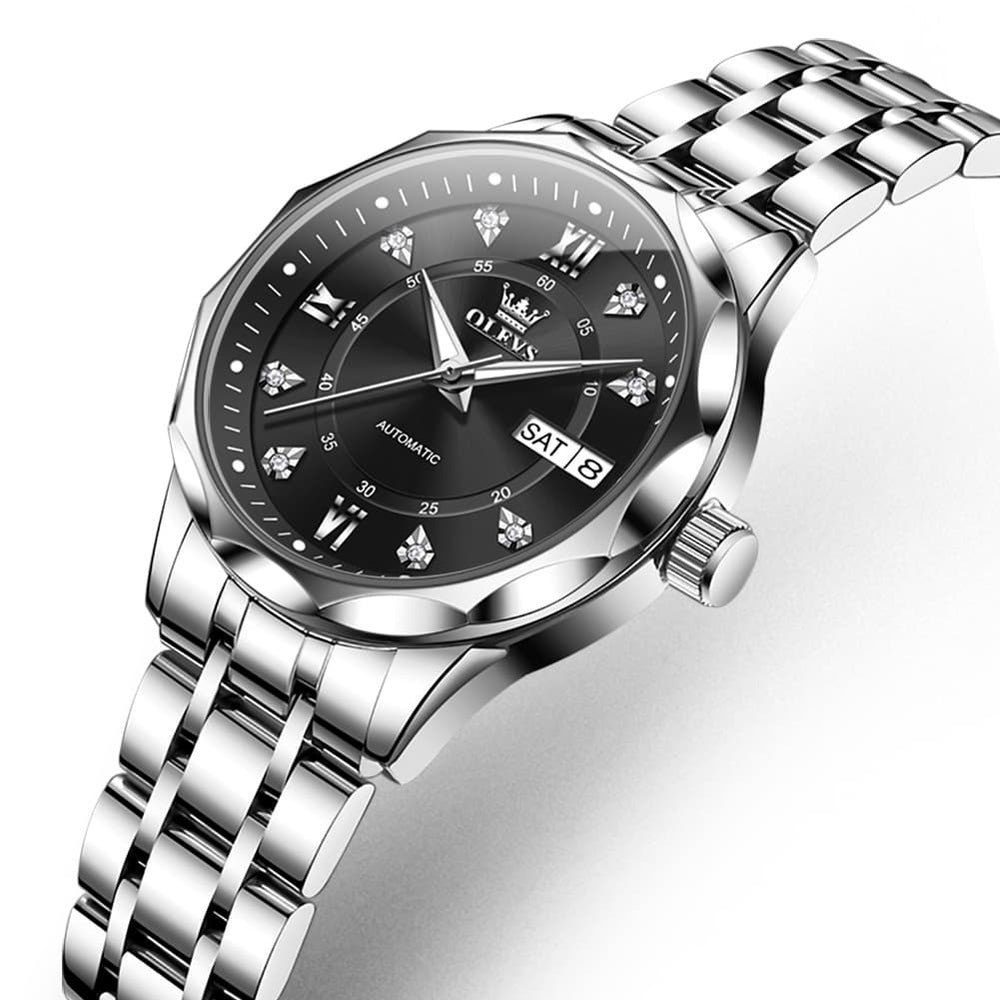 OLEVS 6727 Automatic Diamond Mechanical Watch For Women - Silver Black Watch | Olevs Watch Store