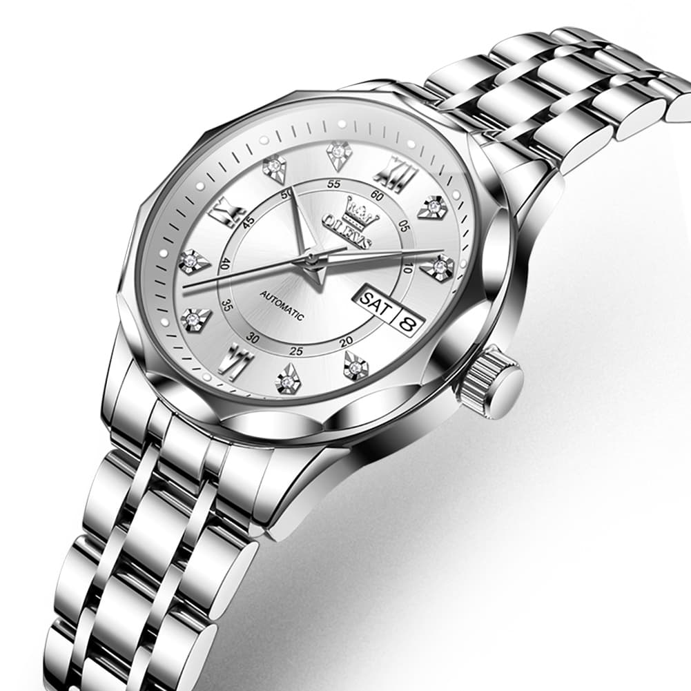 OLEVS 6727 Automatic Diamond Mechanical Watch For Women - Silver White Watch | Olevs Watch Store