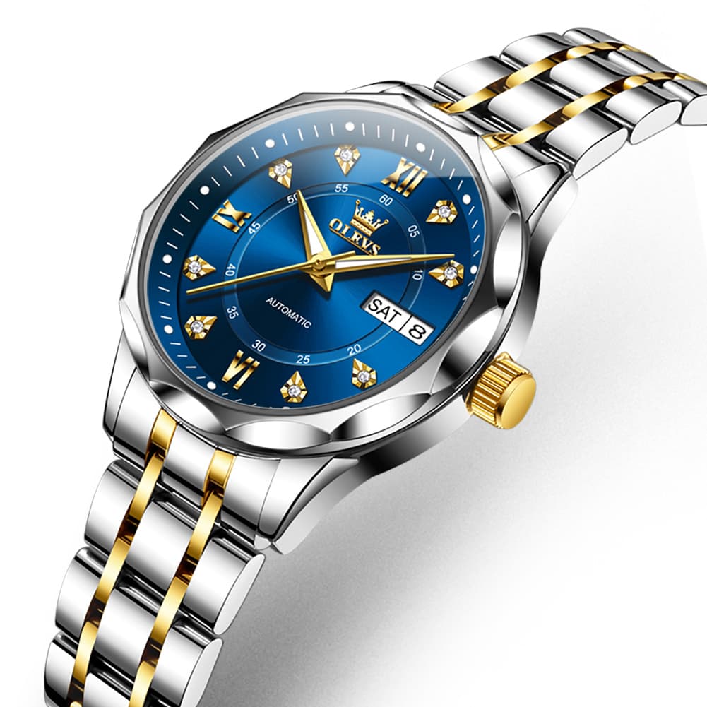OLEVS 6727 Automatic Diamond Mechanical Watch For Women - Two Tone Blue Watch | Olevs Watch Store