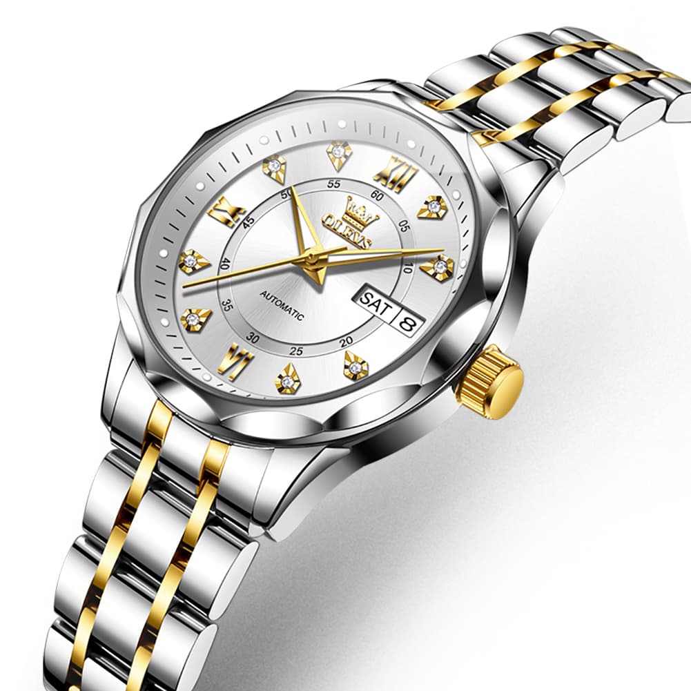 OLEVS 6727 Automatic Diamond Mechanical Watch For Women - Two Tone White Watch | Olevs Watch Store