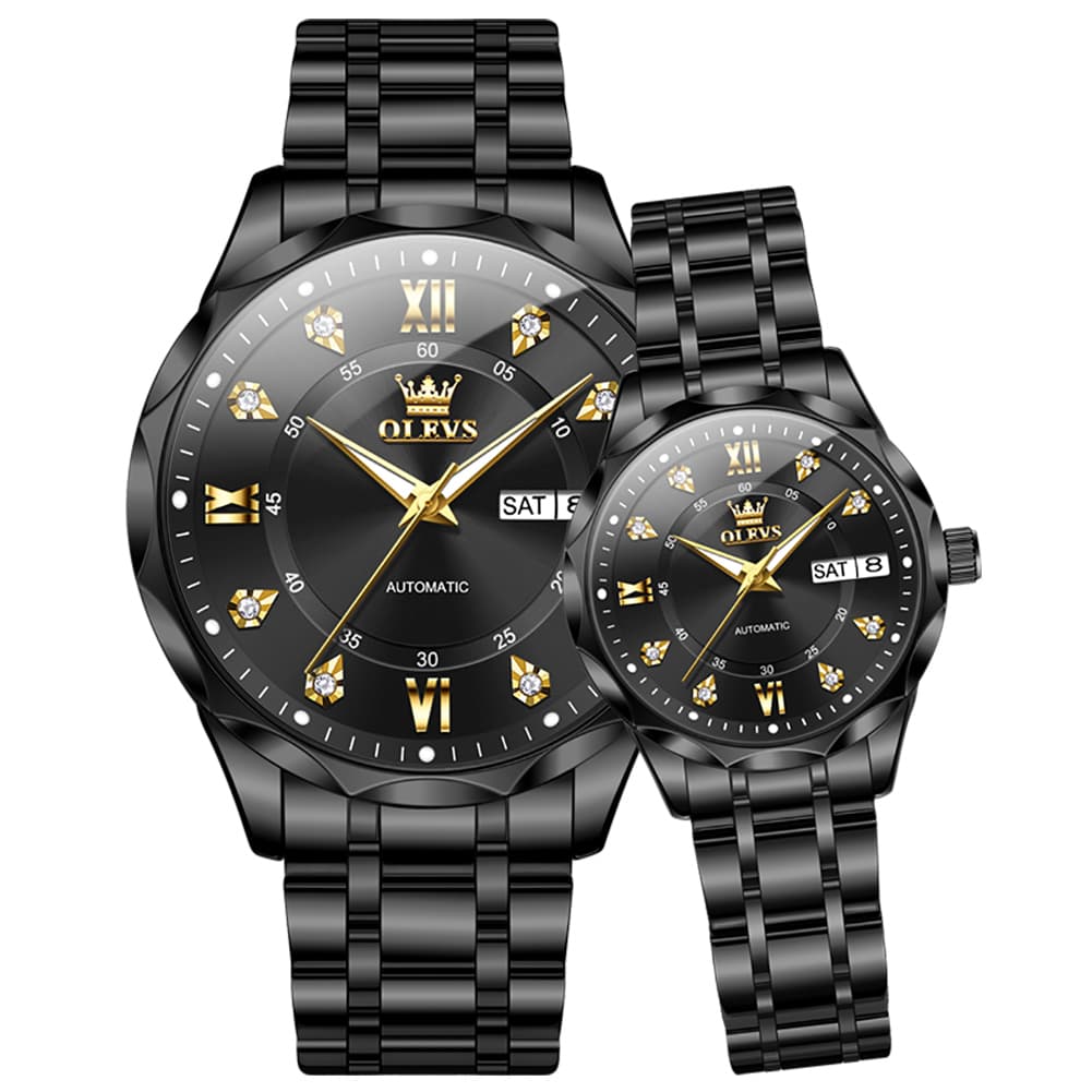 OLEVS 6727 Automatic Diamond Mechanical Watch Set For Couples - All Black Watch | Olevs Watch Store