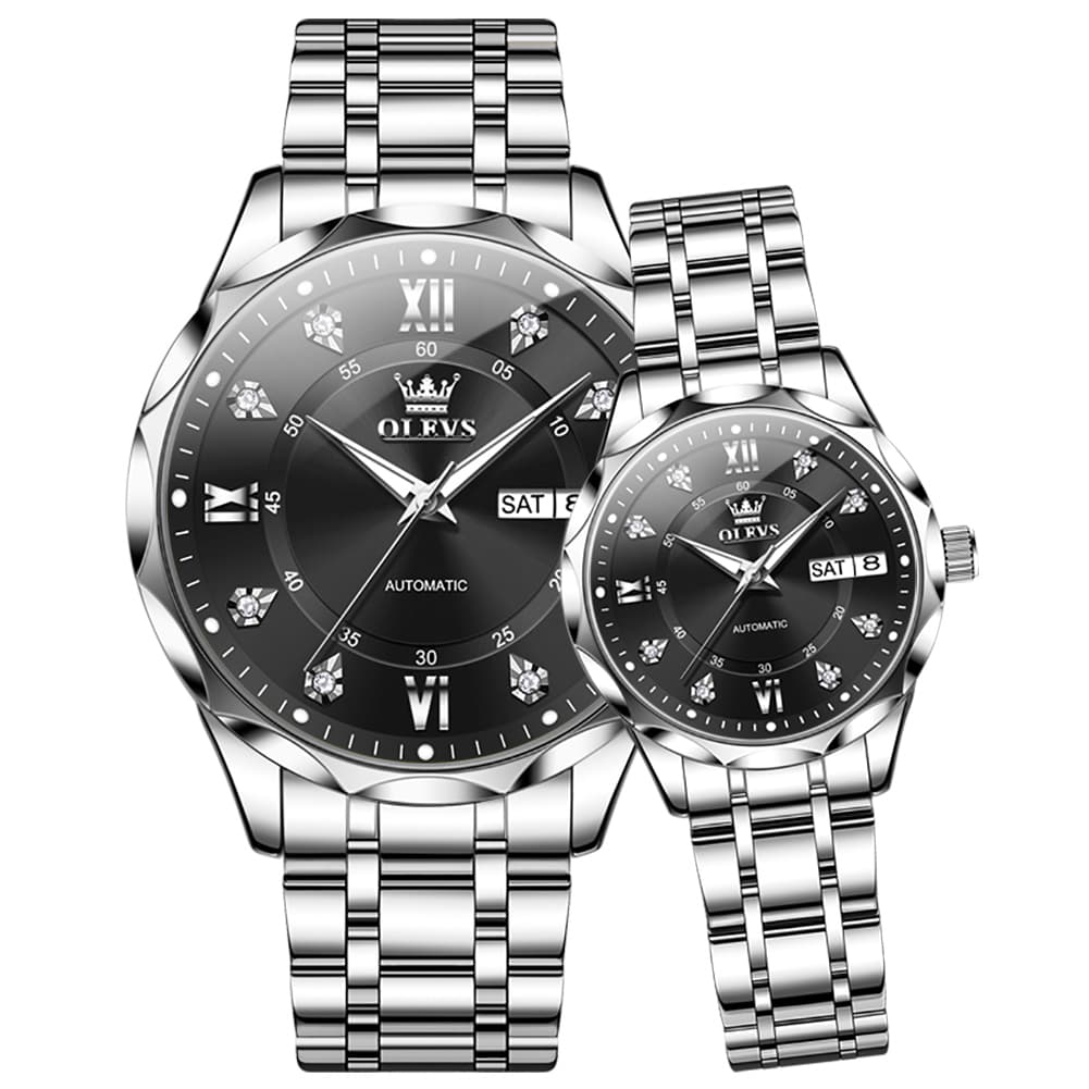OLEVS 6727 Automatic Diamond Mechanical Watch Set For Couples - Silver Black Watch | Olevs Watch Store