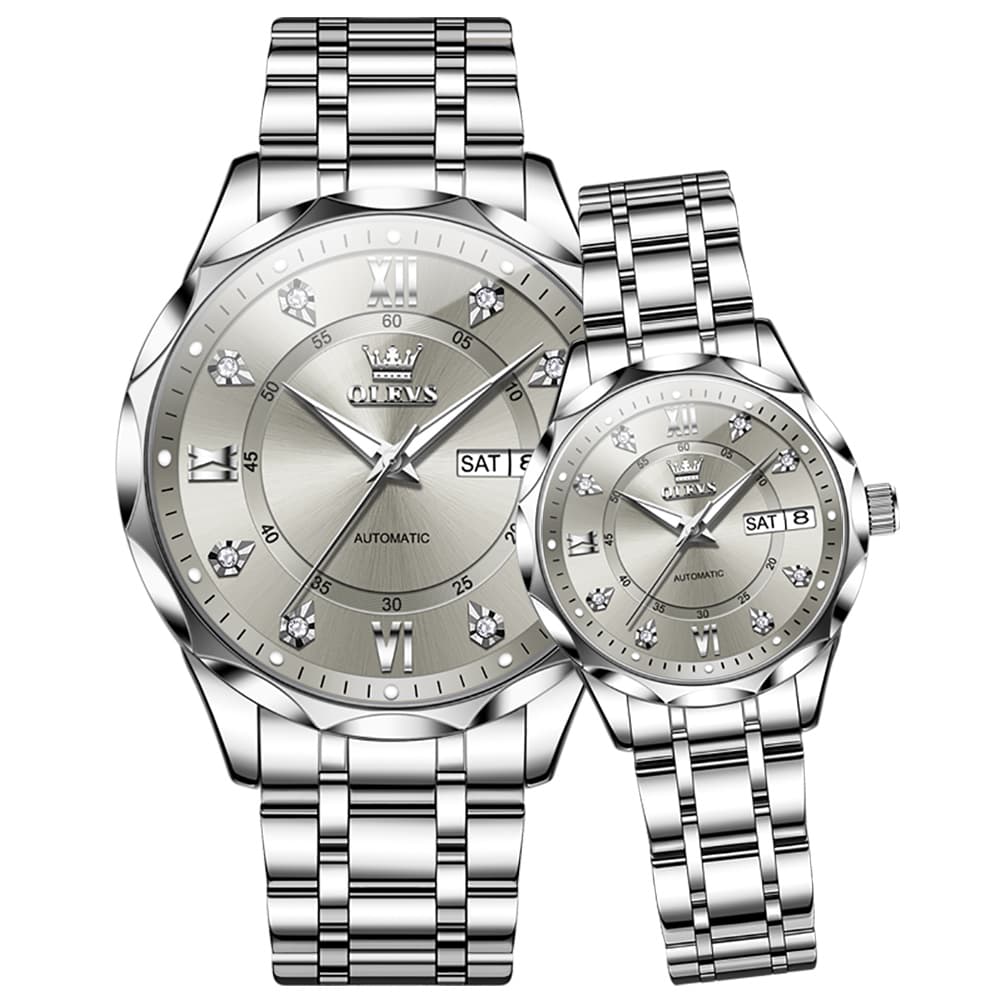 OLEVS 6727 Automatic Diamond Mechanical Watch Set For Couples - Silver Grey Watch | Olevs Watch Store