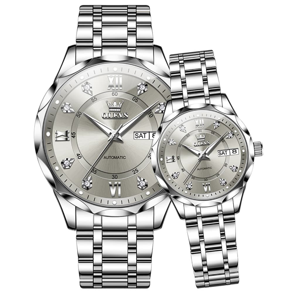 OLEVS 6727 Automatic Diamond Mechanical Watch Set For Couples - Silver Grey Watch | Olevs Watch Store