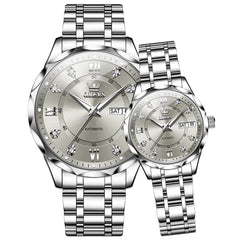 OLEVS 6727 Automatic Diamond Mechanical Watch Set For Couples - Silver Grey Watch | Olevs Watch Store