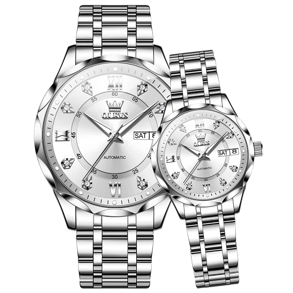 OLEVS 6727 Automatic Diamond Mechanical Watch Set For Couples - Silver White Watch | Olevs Watch Store