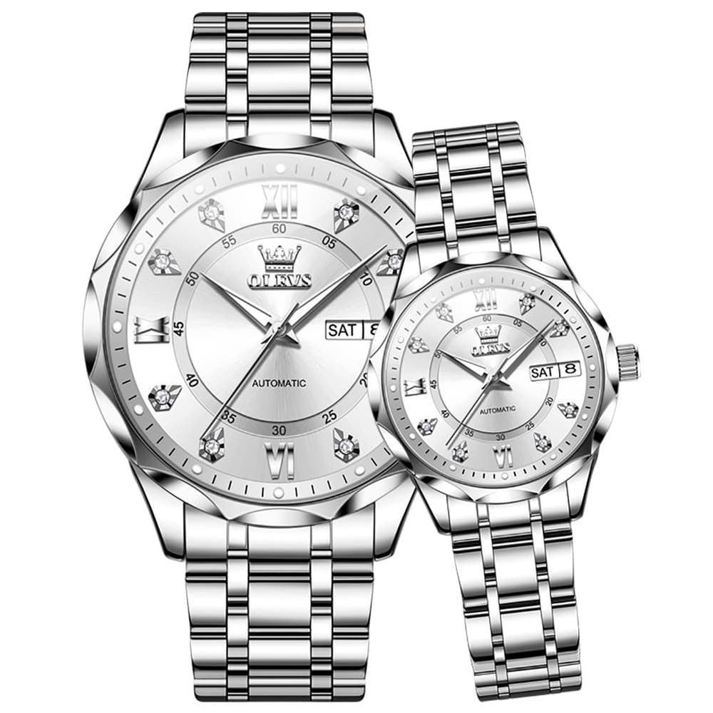 OLEVS 6727 Automatic Diamond Mechanical Watch Set For Couples - Silver White Watch | Olevs Watch Store