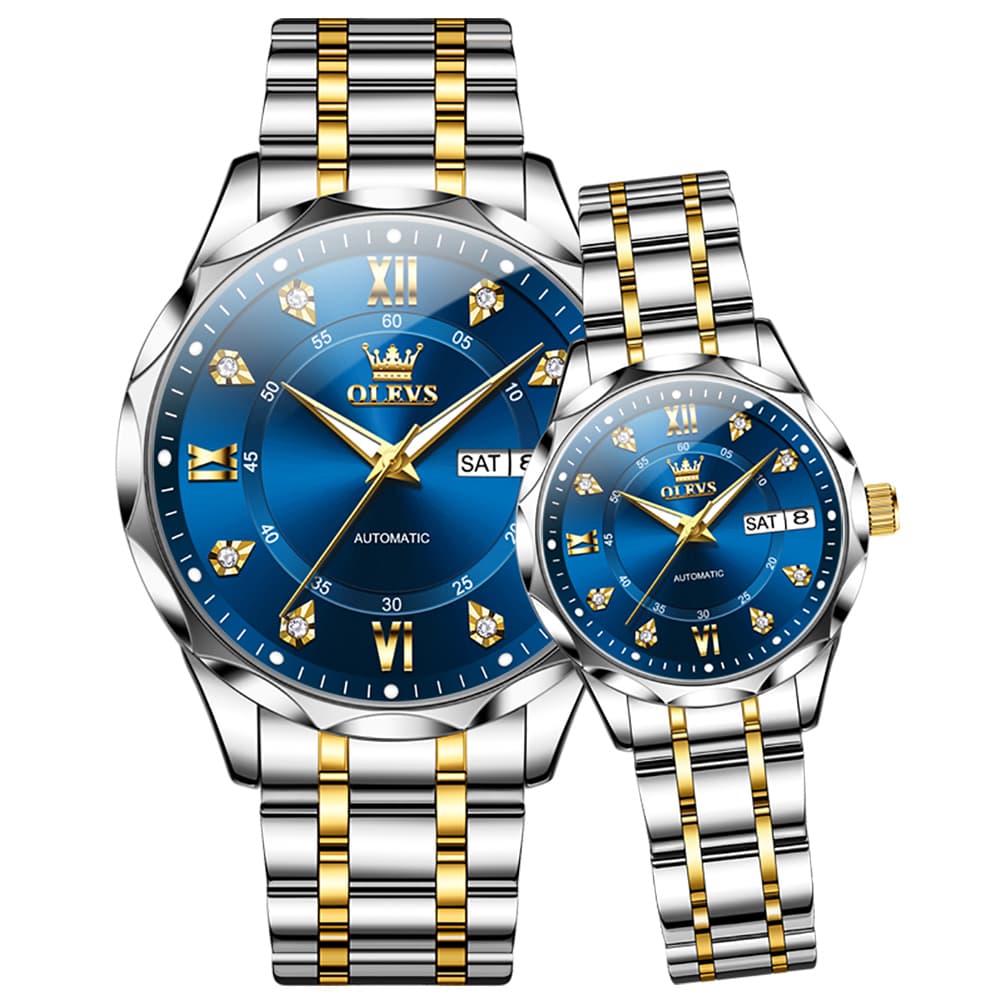 OLEVS 6727 Automatic Diamond Mechanical Watch Set For Couples - Two Tone Blue Watch | Olevs Watch Store