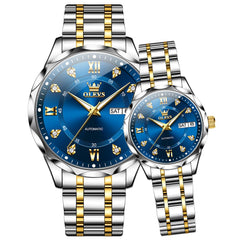 OLEVS 6727 Automatic Diamond Mechanical Watch Set For Couples - Two Tone Blue Watch | Olevs Watch Store