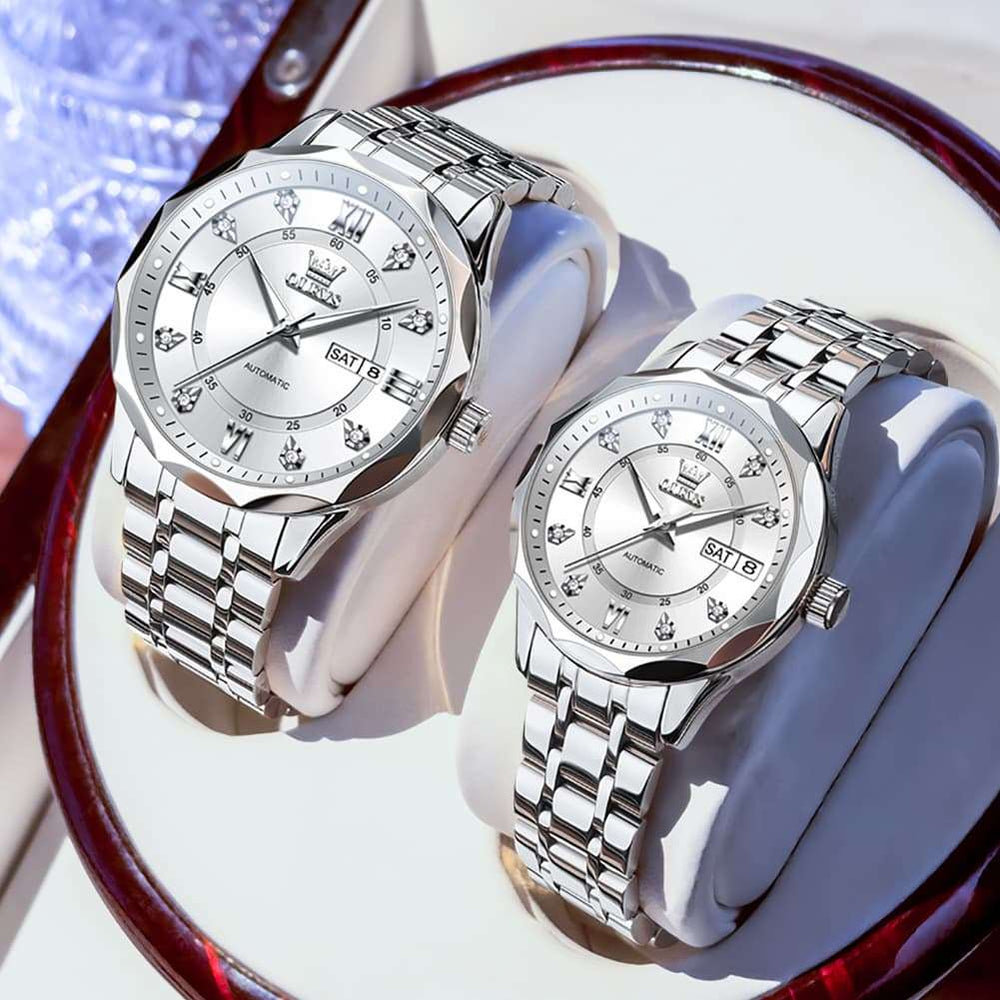 OLEVS 6727 Automatic Diamond Mechanical Watch Set For Couples