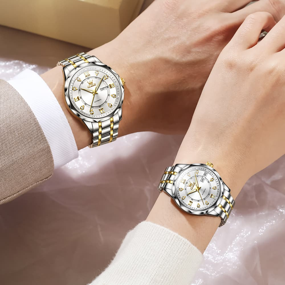 OLEVS 6727 Automatic Diamond Mechanical Watch Set For Couples - Two Tone White Watch | Olevs Watch Store
