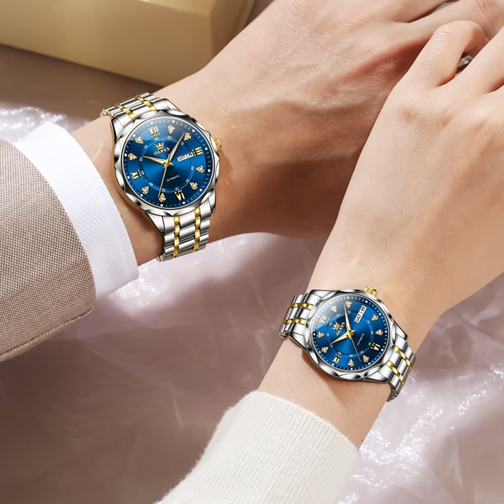 OLEVS 6727 Automatic Diamond Mechanical Watch Set For Couples - Two Tone White Watch | Olevs Watch Store