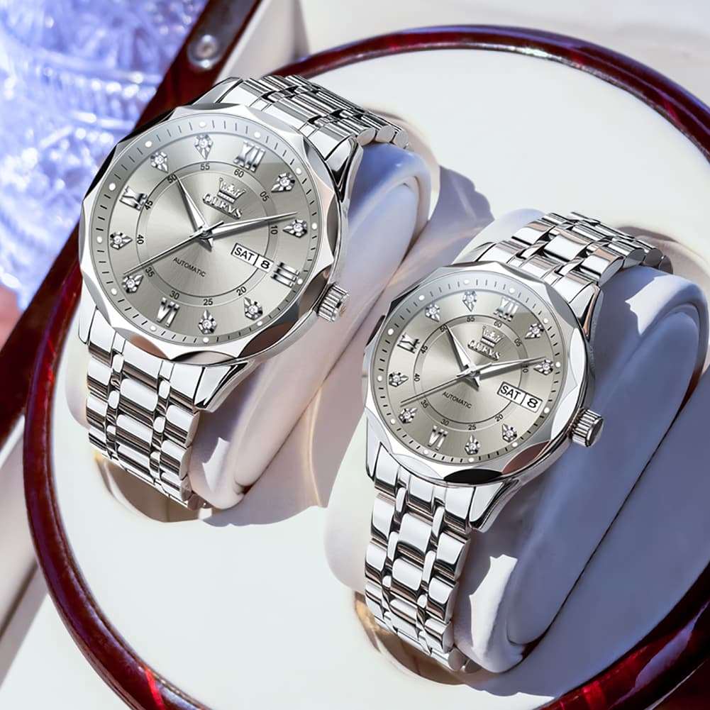 OLEVS 6727 Automatic Diamond Mechanical Watch Set For Couples