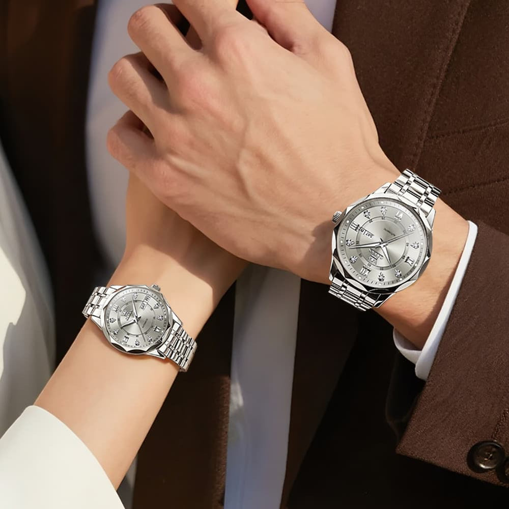 OLEVS 6727 Automatic Diamond Mechanical Watch Set For Couples - Two Tone White Watch | Olevs Watch Store