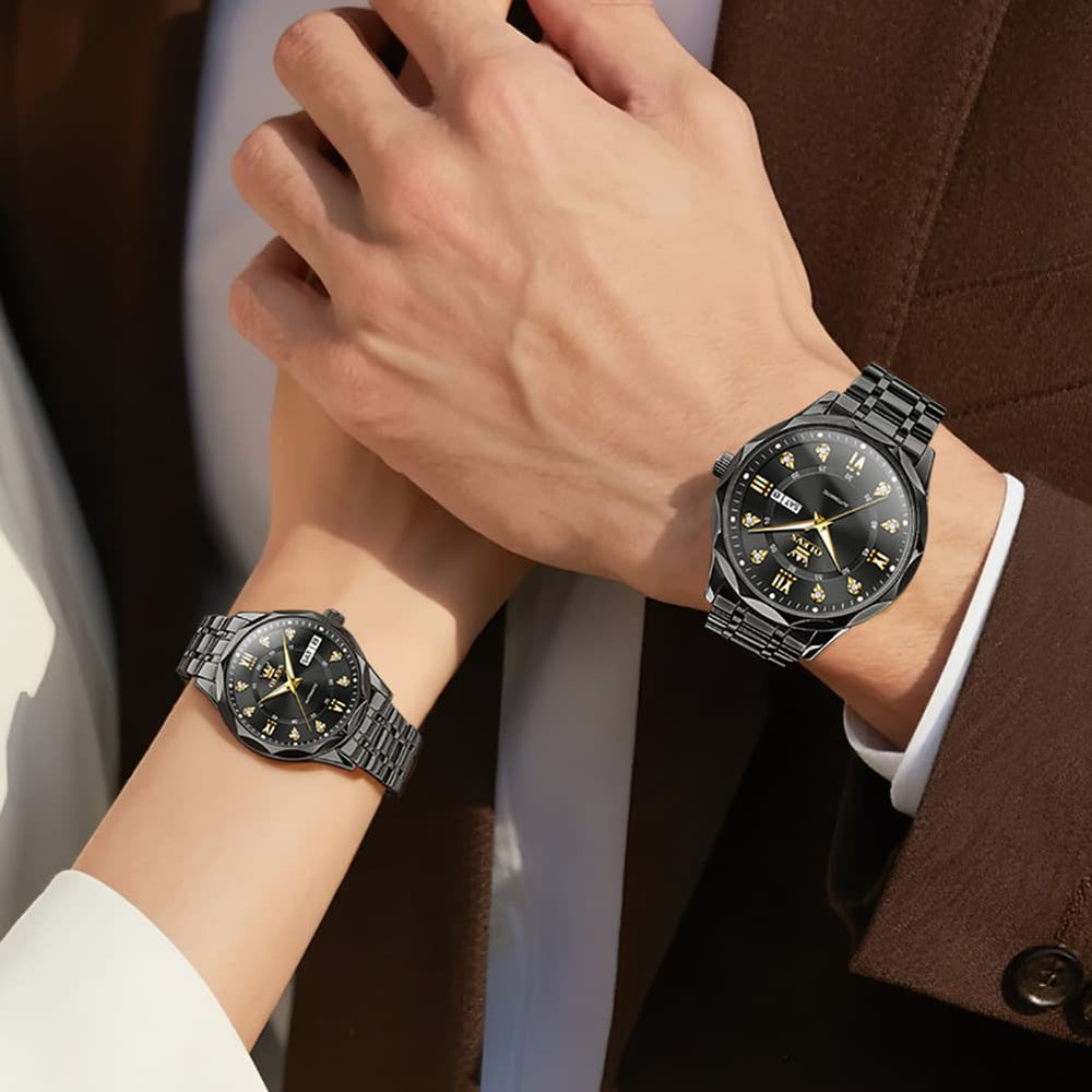 OLEVS 6727 Automatic Diamond Mechanical Watch Set For Couples - Two Tone White Watch | Olevs Watch Store