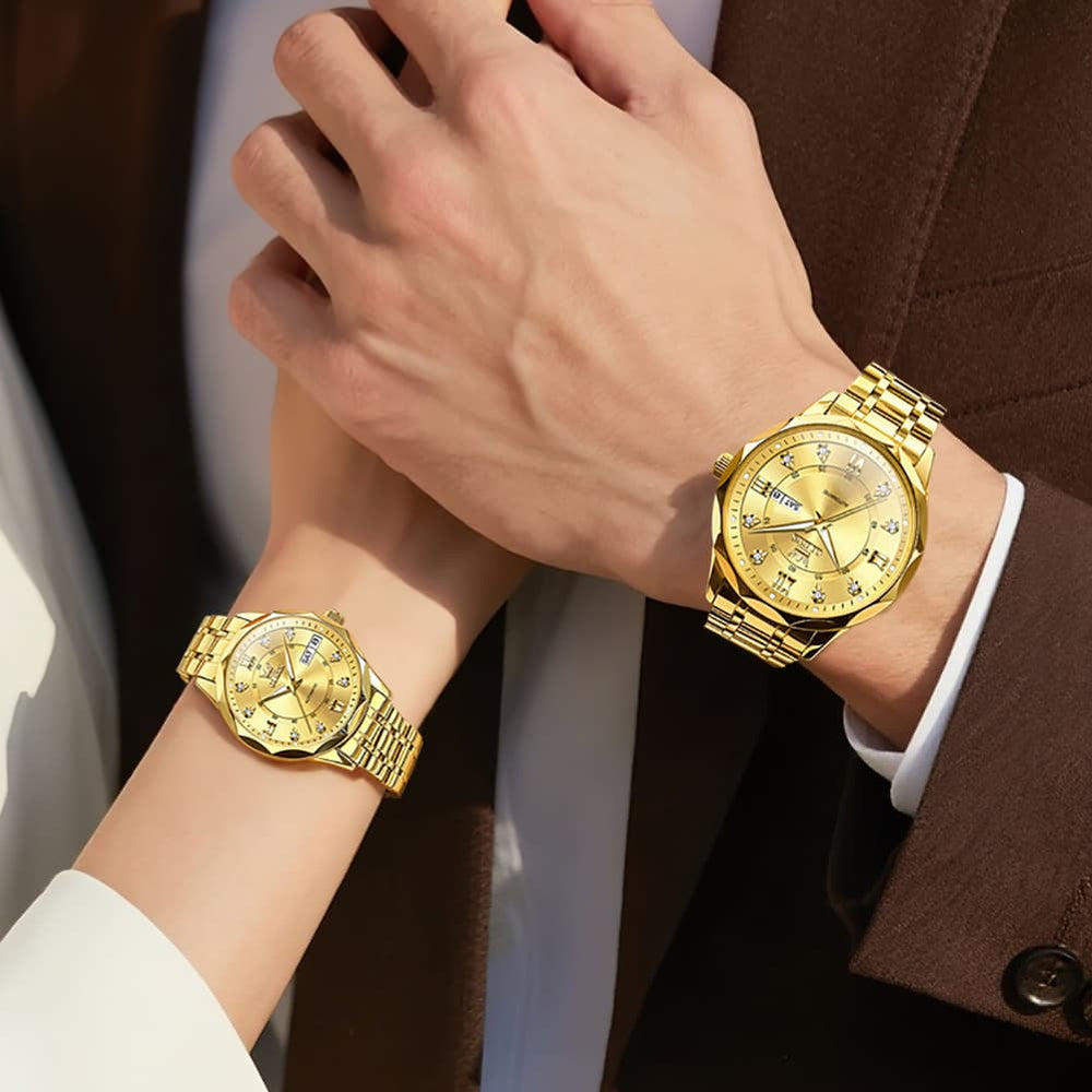 OLEVS 6727 Automatic Diamond Mechanical Watch Set For Couples - Two Tone White Watch | Olevs Watch Store