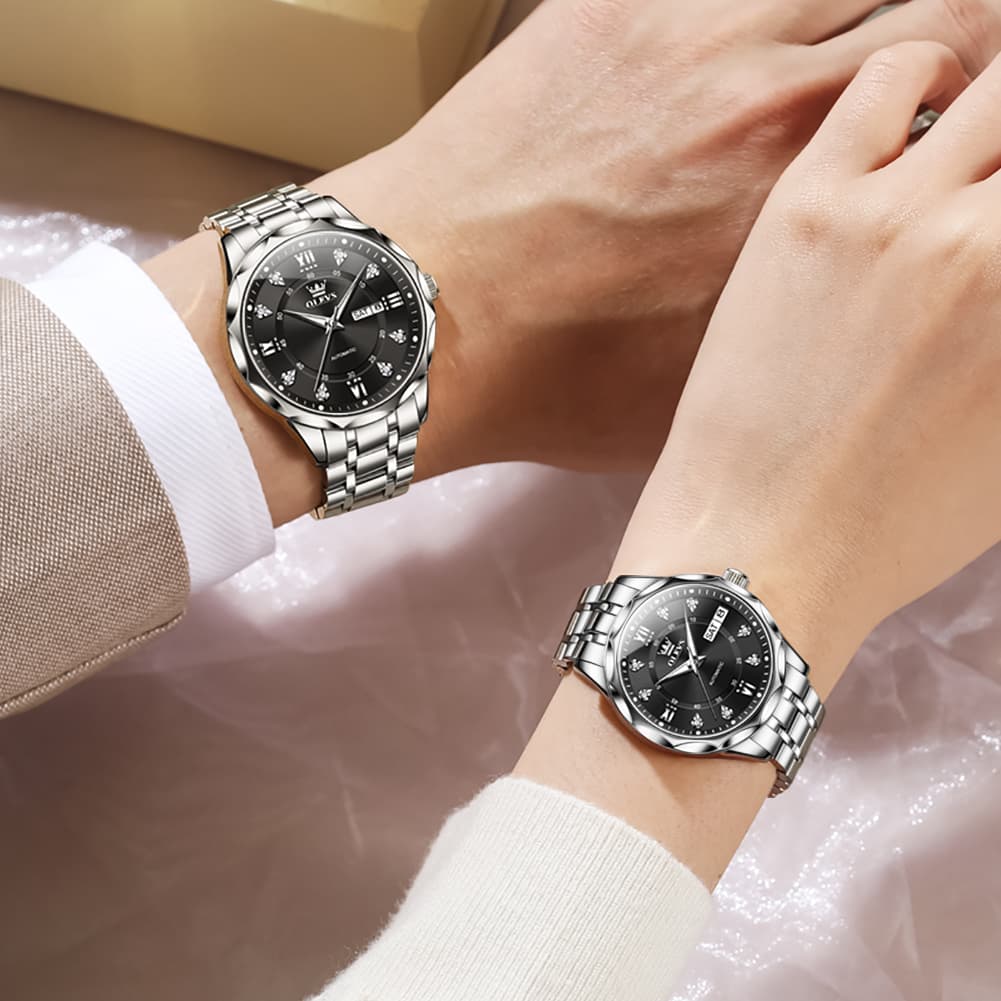 OLEVS 6727 Automatic Diamond Mechanical Watch Set For Couples - Two Tone White Watch | Olevs Watch Store