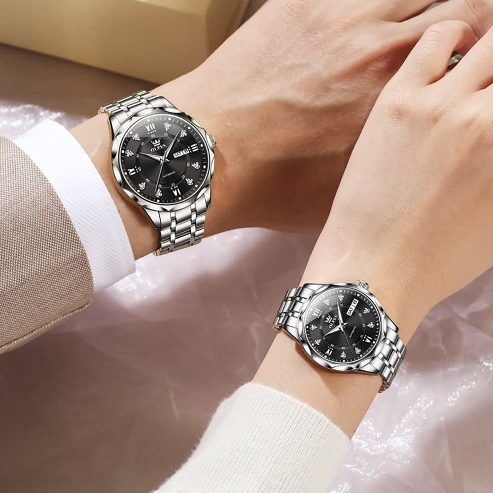 OLEVS 6727 Automatic Diamond Mechanical Watch Set For Couples - Two Tone White Watch | Olevs Watch Store