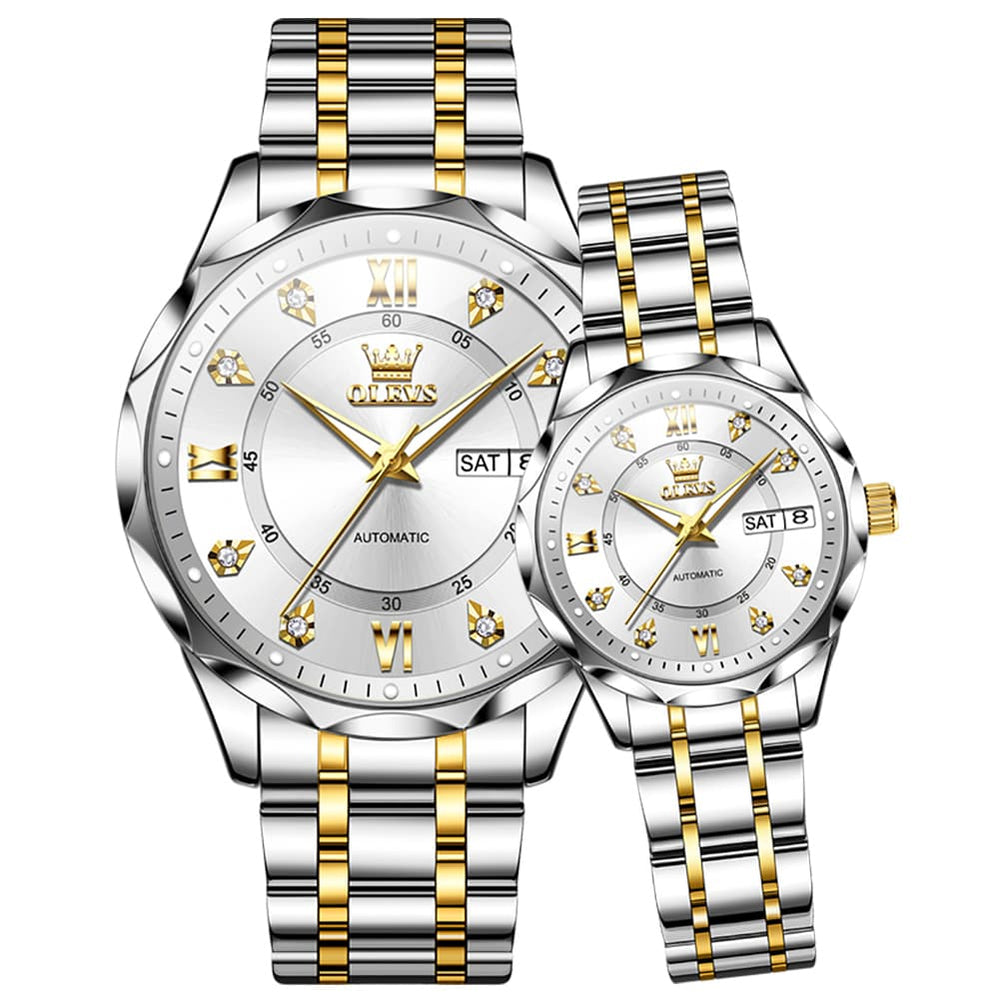 OLEVS 6727 Automatic Diamond Mechanical Watch Set For Couples - Two Tone White Watch | Olevs Watch Store