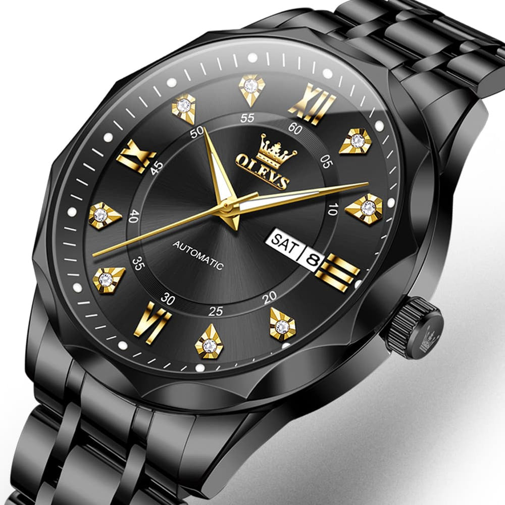 OLEVS 6727 Automatic Mechanical Diamond Watch For Men - All Black Watch | Olevs Watch Store