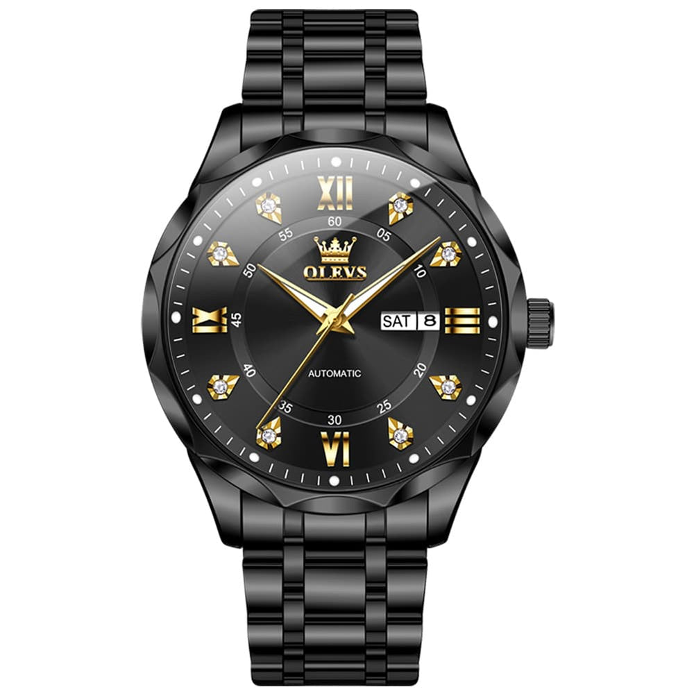 OLEVS 6727 Automatic Mechanical Diamond Watch For Men - Silver Black Watch | Olevs Watch Store