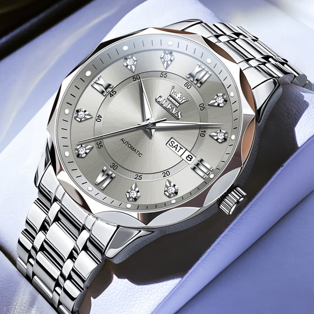 OLEVS 6727 Automatic Mechanical Diamond Watch For Men - Silver Black Watch | Olevs Watch Store