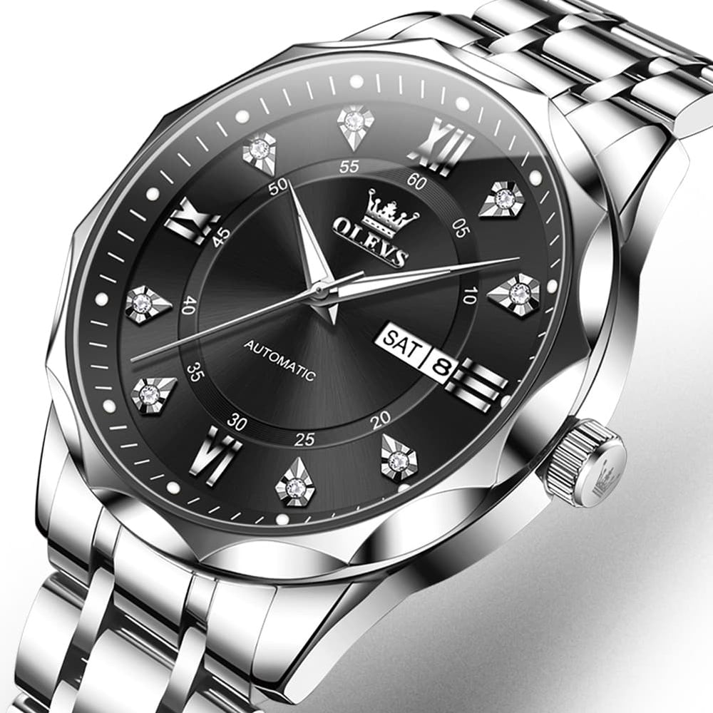 OLEVS 6727 Automatic Mechanical Diamond Watch For Men - Silver Black Watch | Olevs Watch Store