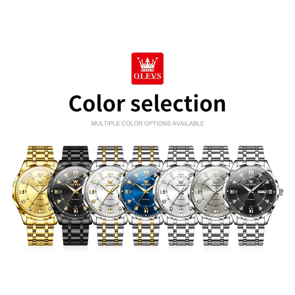 OLEVS 6727 Automatic Mechanical Diamond Watch For Men - Silver Black Watch | Olevs Watch Store