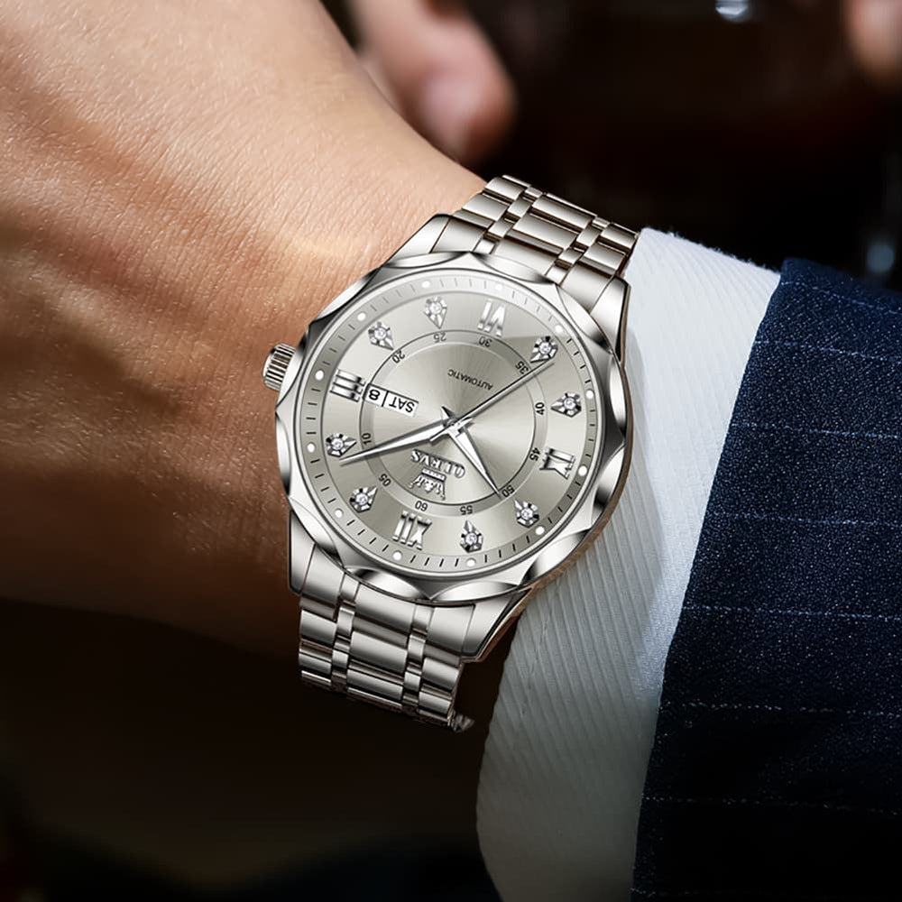 OLEVS 6727 Automatic Mechanical Diamond Watch For Men - Silver Black Watch | Olevs Watch Store