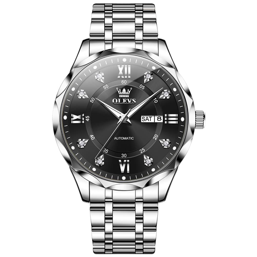 OLEVS 6727 Automatic Mechanical Diamond Watch For Men - Silver Black Watch | Olevs Watch Store
