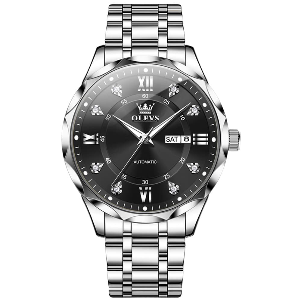 OLEVS 6727 Automatic Mechanical Diamond Watch For Men - Silver Black Watch | Olevs Watch Store