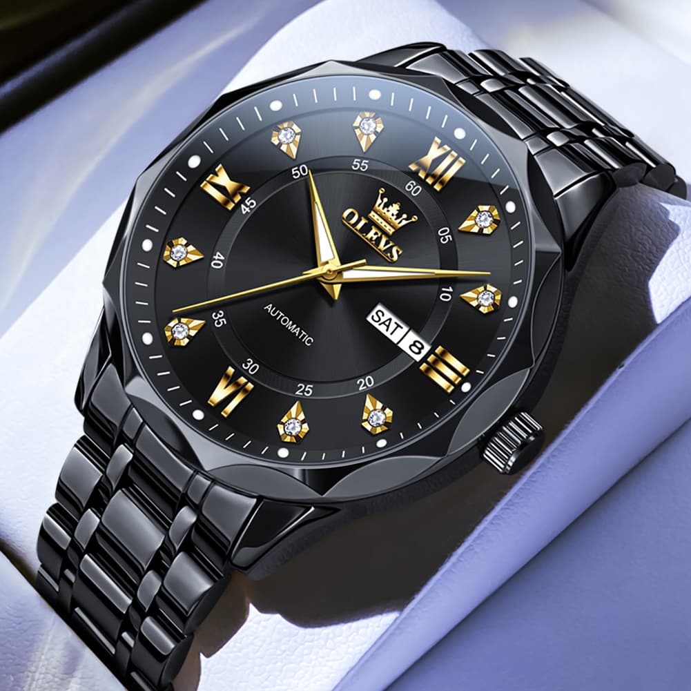 OLEVS 6727 Automatic Mechanical Diamond Watch For Men - Silver Black Watch | Olevs Watch Store