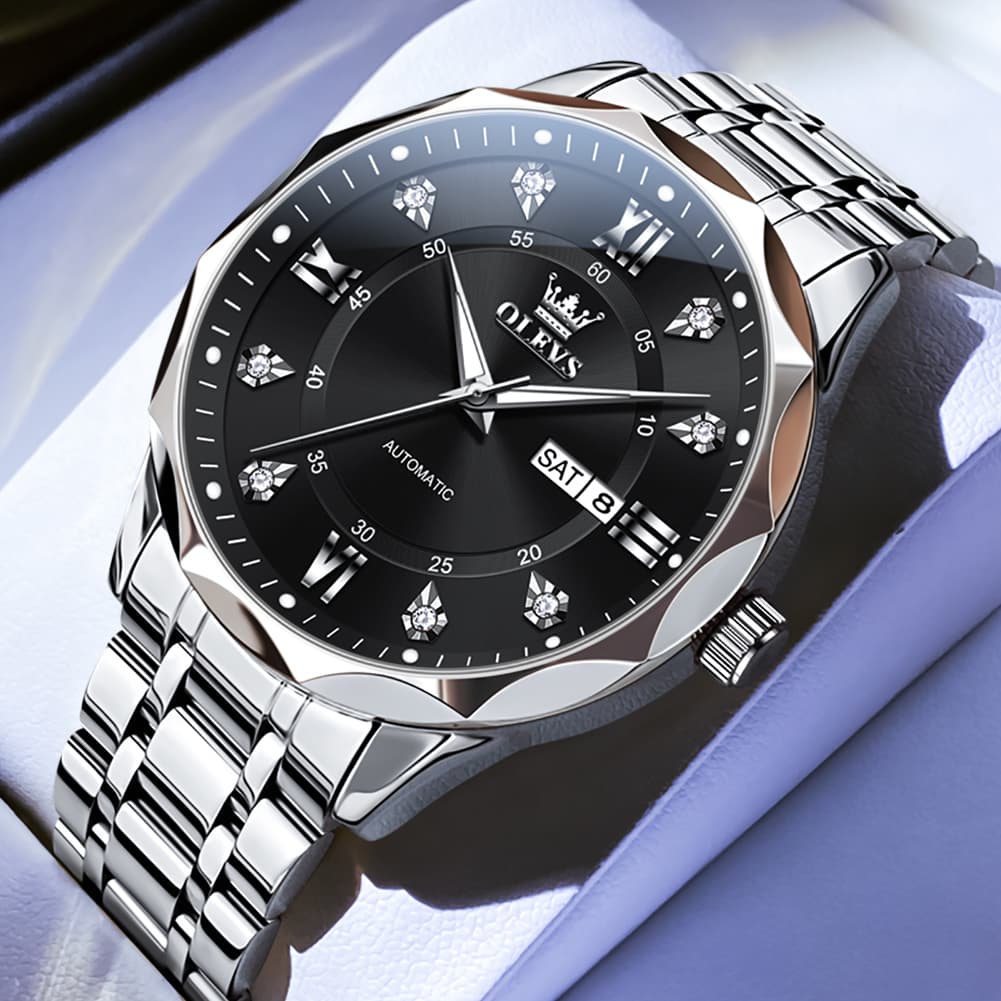 OLEVS 6727 Automatic Mechanical Diamond Watch For Men - Silver Black Watch | Olevs Watch Store