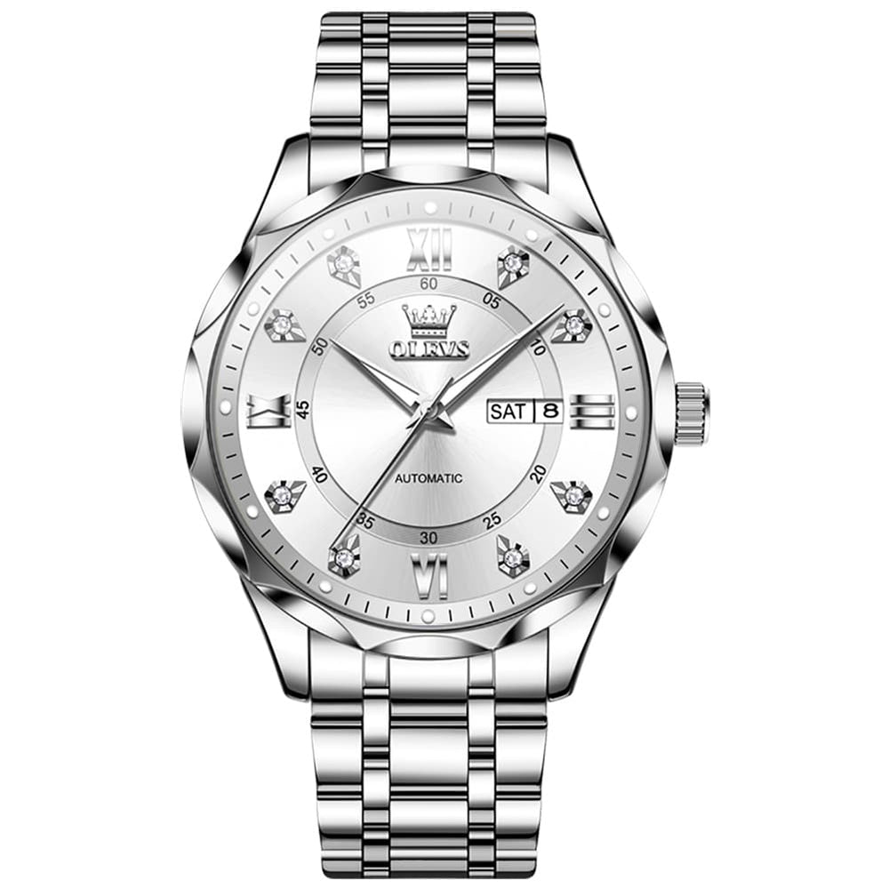 OLEVS 6727 Automatic Mechanical Diamond Watch For Men - Silver Black Watch | Olevs Watch Store