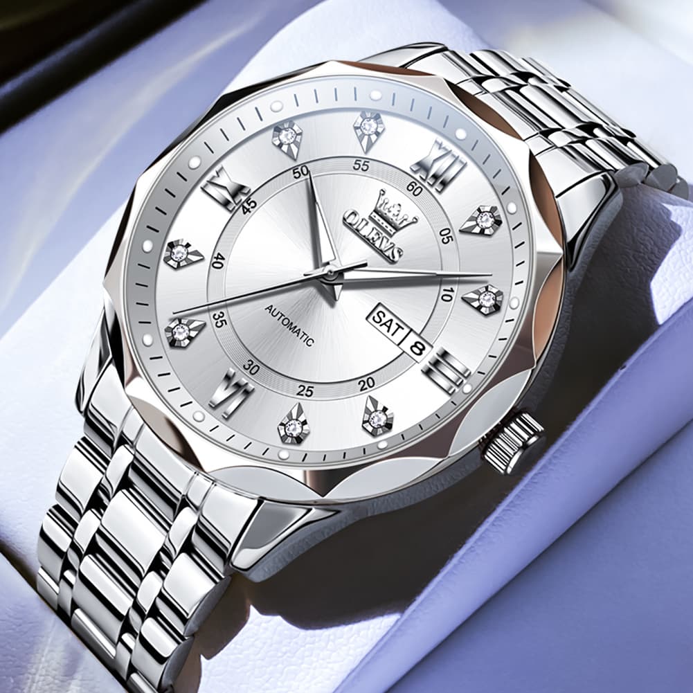 OLEVS 6727 Automatic Mechanical Diamond Watch For Men - Silver Black Watch | Olevs Watch Store