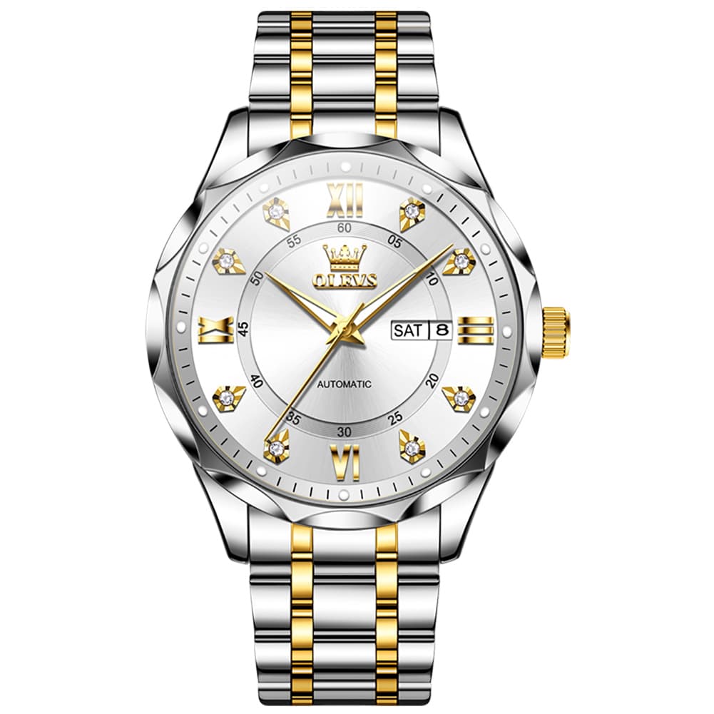 OLEVS 6727 Automatic Mechanical Diamond Watch For Men - Silver Black Watch | Olevs Watch Store