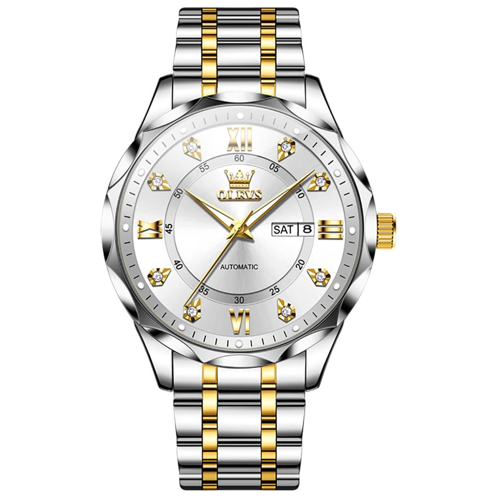 OLEVS 6727 Automatic Mechanical Diamond Watch For Men - Silver Black Watch | Olevs Watch Store