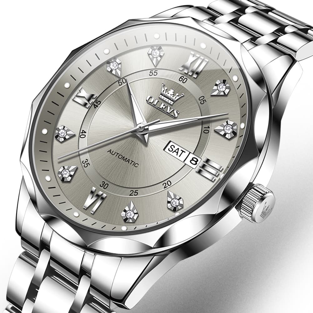 OLEVS 6727 Automatic Mechanical Diamond Watch For Men - Silver Grey Watch | Olevs Watch Store