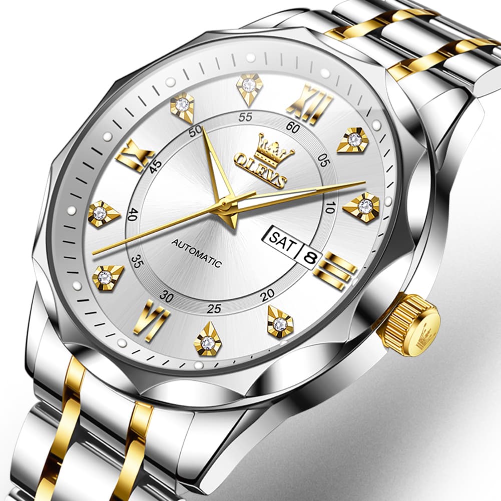 OLEVS 6727 Automatic Mechanical Diamond Watch For Men - Two Tone White Watch | Olevs Watch Store